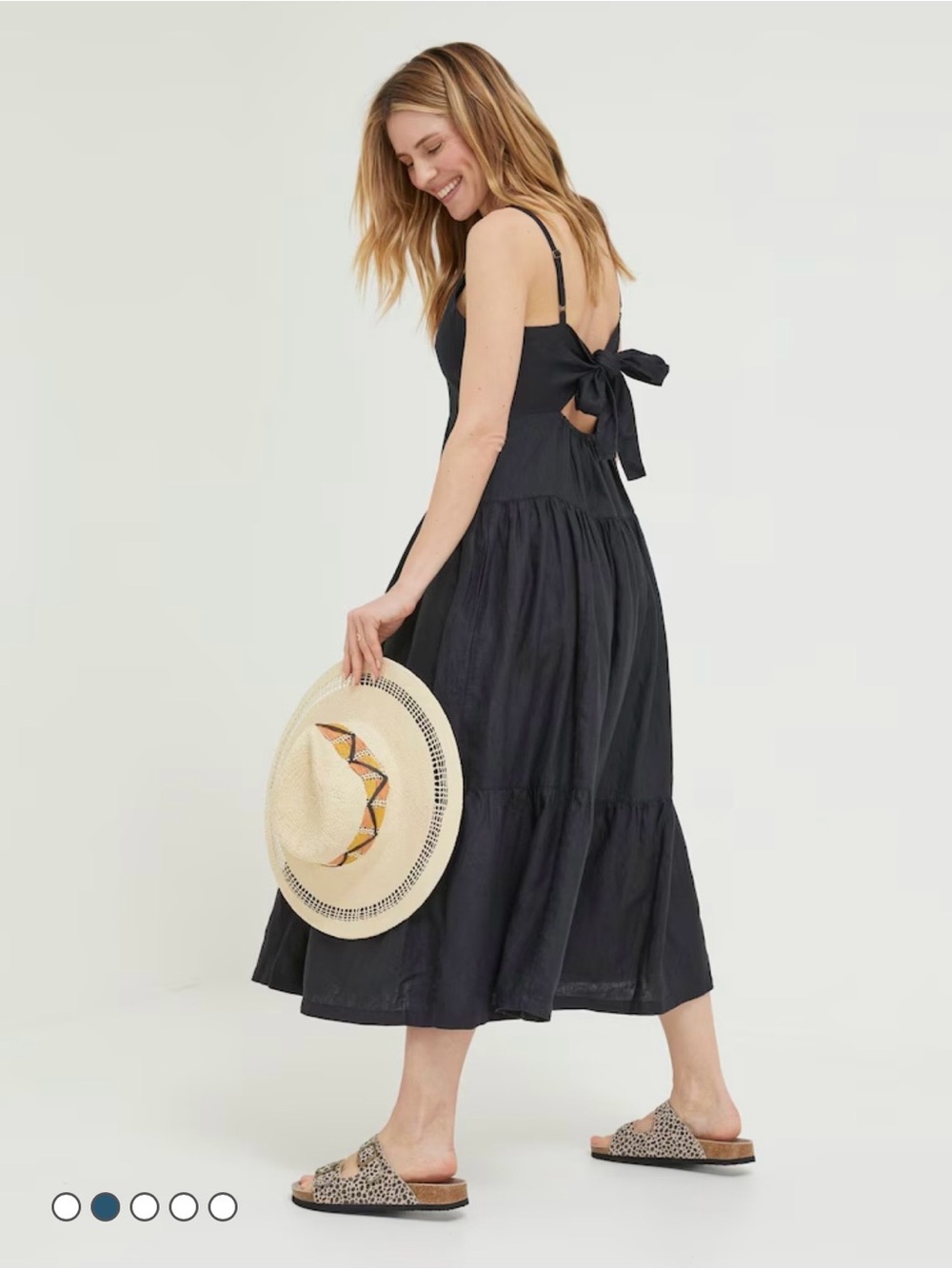 100% Linen Women’s Black Tie-Back Maxi Dress with Spaghetti Straps